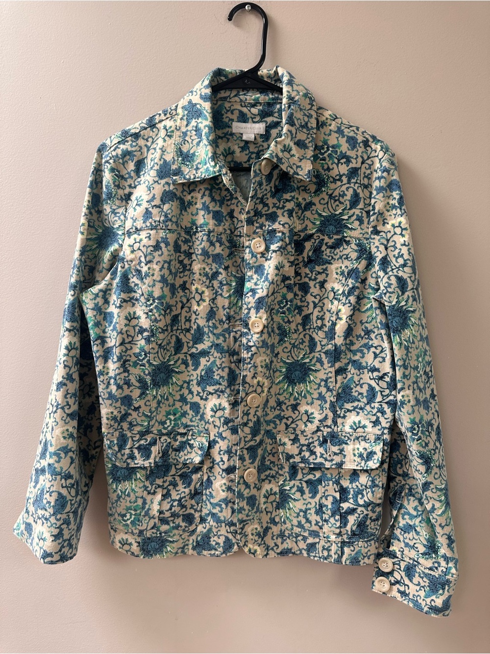 Charter Club Floral Blue & Cream Button-Up Jacket